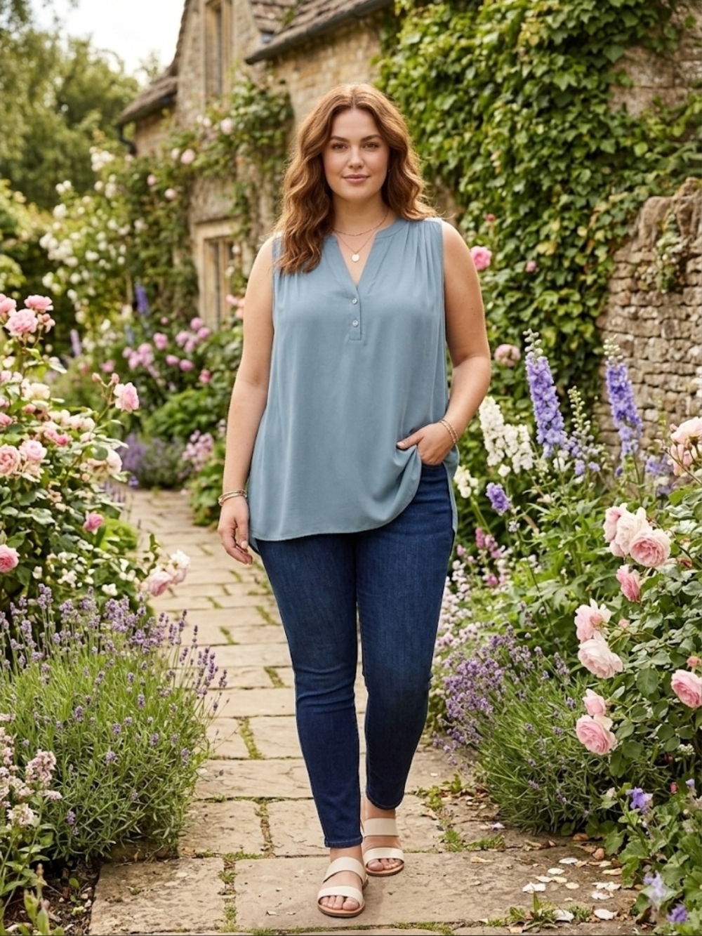 Penningtons Dusty Blue Sleeveless V-Neck Tunic